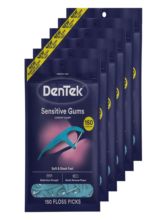 DenTek Comfort Clean Sensitive Gums Floss Picks, Soft & Silky Ribbon, 150 Count, 6 Pack (Blue) - Image 1