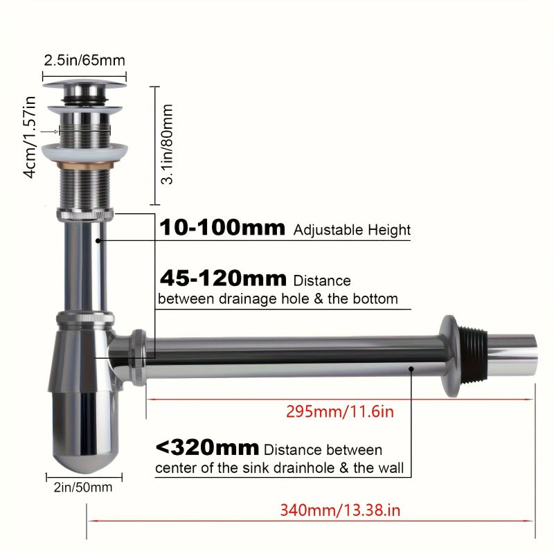 Chrome Basin Bottle Trap Anti Overflow Waste Pipe Kit 1 1/4 Inch Slip Inlet Drain - Image 3