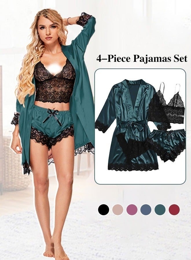 NIBEMINENT 4 Pack Women's Nightwear Set Silk Satin Sleepwear Pajama Summer Home Wearing Clothes Suits Embroidered Breathable Ladies Lingerie Robe Nightdress Underwear Panties - Image 1
