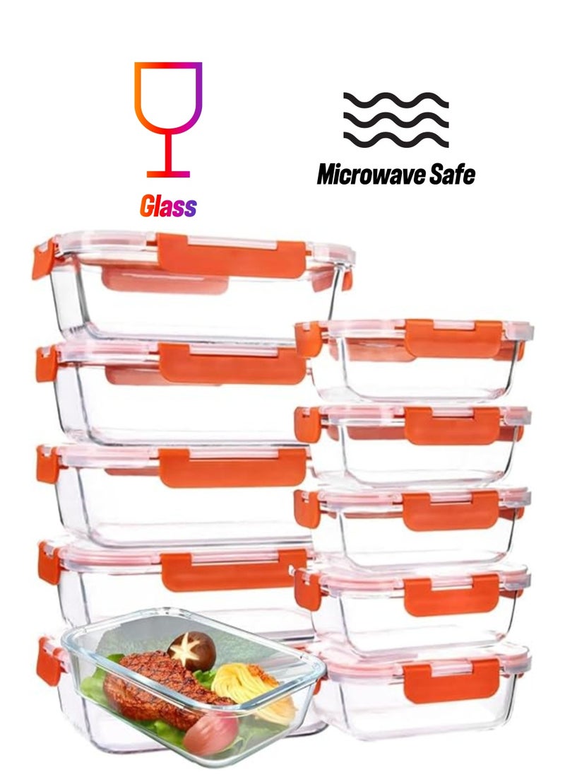 TYCOM Glass Meal Prep Containers (10 pcs Rectangle) Glass Food Storage Containers with Lids, Glass Lunch Box Portion Control, Airtight Glass Bento Box Lunch Containers 10P Rectangle Red  - Image 1