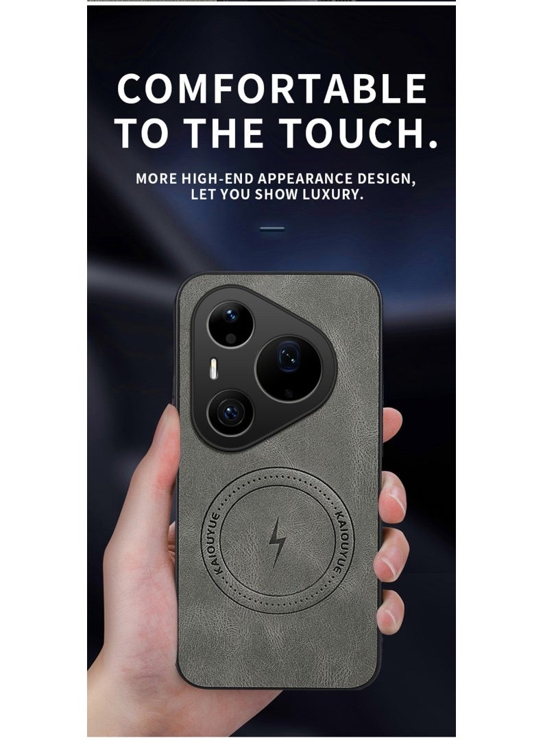 جراب Huawei Pura 90 Pro Max بخامة جلد PU مع طبقة مغناطيسية وحواف TPU وحماية مرتفعة للكاميرا والشاشة – رمادي - Image 4