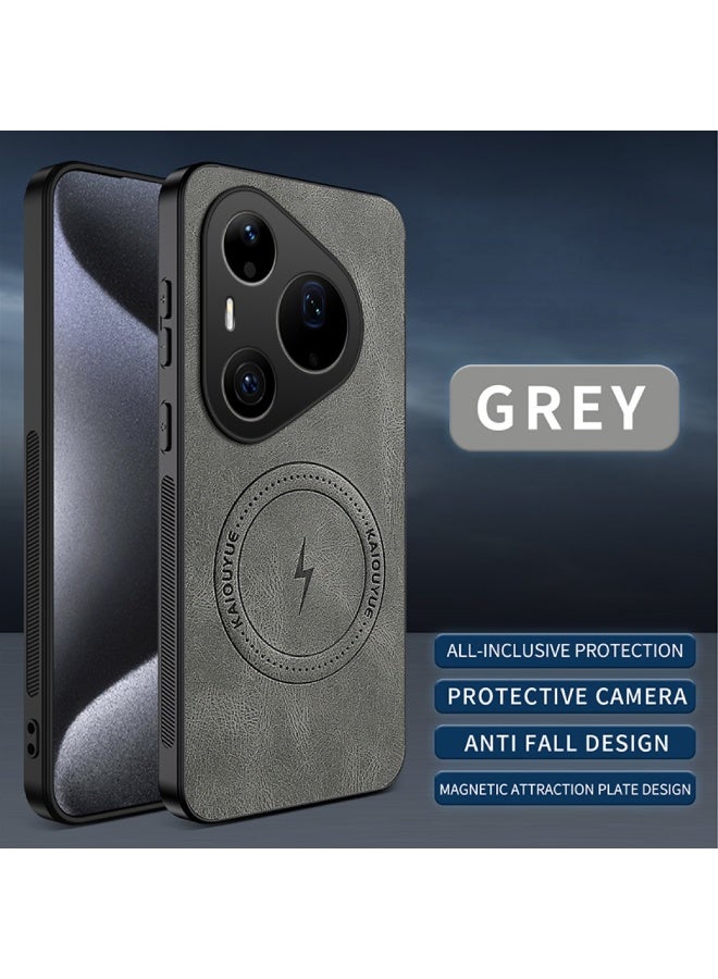 جراب Huawei Pura 90 Pro Max بخامة جلد PU مع طبقة مغناطيسية وحواف TPU وحماية مرتفعة للكاميرا والشاشة – رمادي - Image 5