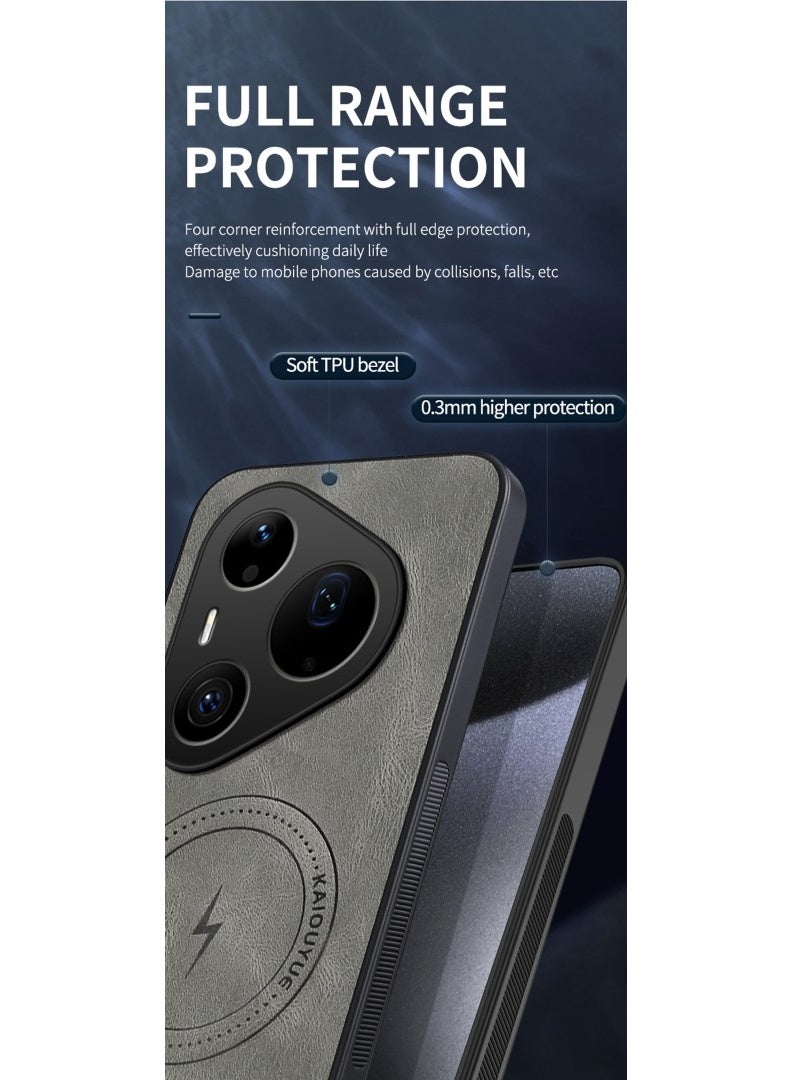 جراب Huawei Pura 90 Pro Max بخامة جلد PU مع طبقة مغناطيسية وحواف TPU وحماية مرتفعة للكاميرا والشاشة – رمادي - Image 3