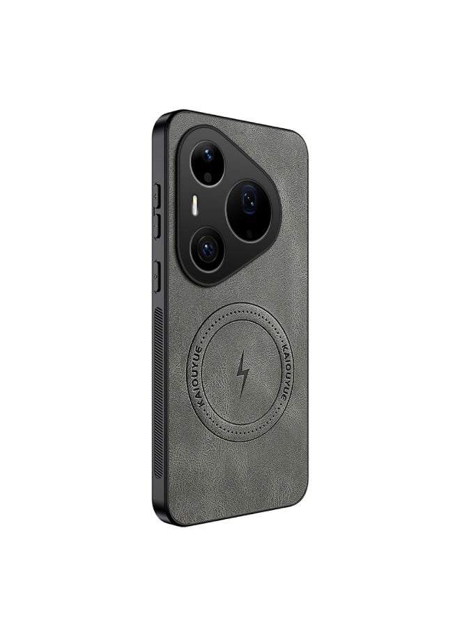 جراب Huawei Pura 90 Pro Max بخامة جلد PU مع طبقة مغناطيسية وحواف TPU وحماية مرتفعة للكاميرا والشاشة – رمادي - Image 1