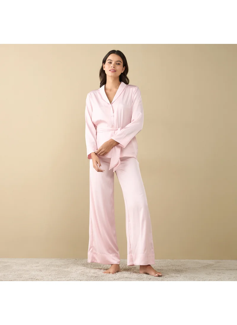 FAV Solid Long Sleeves Shirt with Tie-Up and Pyjama Set