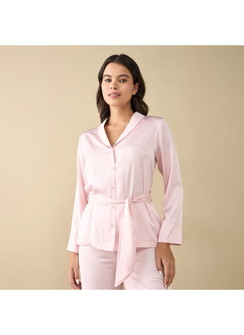 FAV Solid Long Sleeves Shirt with Tie-Up and Pyjama Set