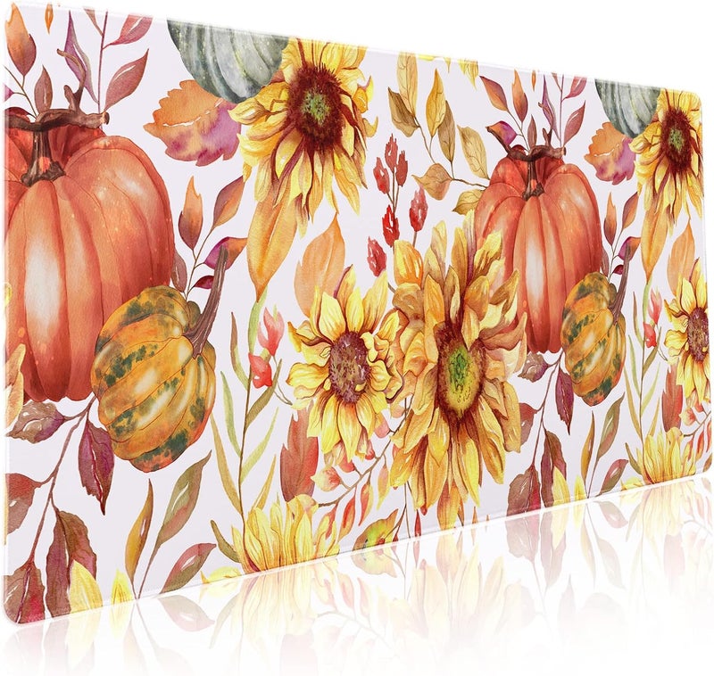 aportt Fall Pumpkin Sunflowers Mouse Pad XXL Watercolor Retro Autumn Leaves Floral Extended Desk Mat Non-Slip Rubber Base Stitched Edge Large Thanksgiving Mousepad for Gaming Laptop Computer 35.4×15.7 Inch - Image 1