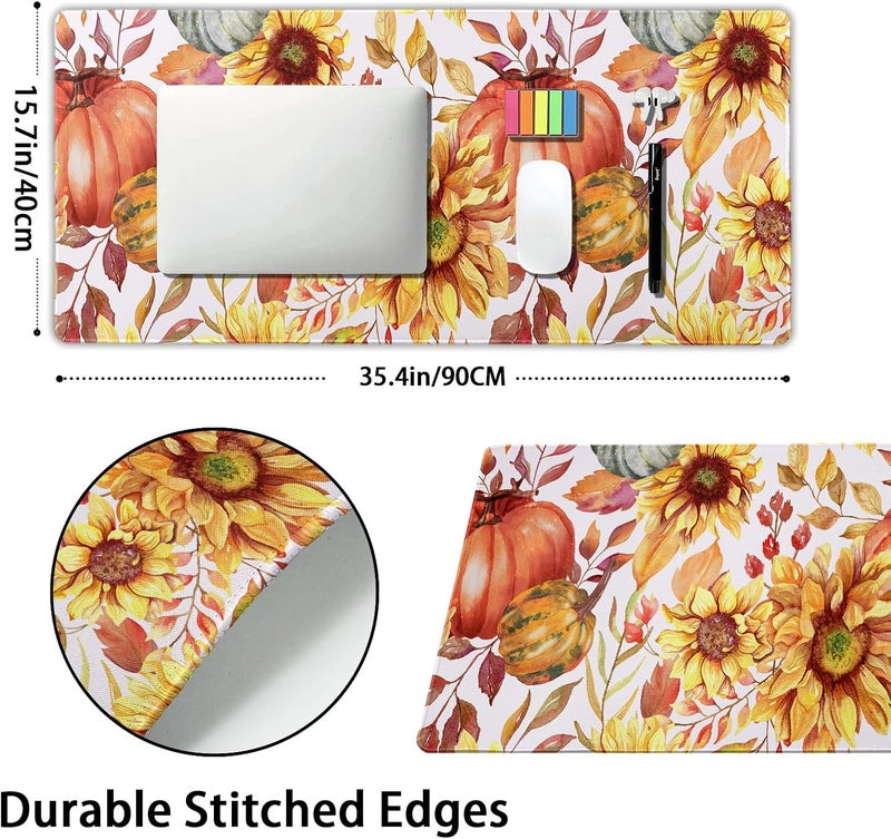 aportt Fall Pumpkin Sunflowers Mouse Pad XXL Watercolor Retro Autumn Leaves Floral Extended Desk Mat Non-Slip Rubber Base Stitched Edge Large Thanksgiving Mousepad for Gaming Laptop Computer 35.4×15.7 Inch - Image 2