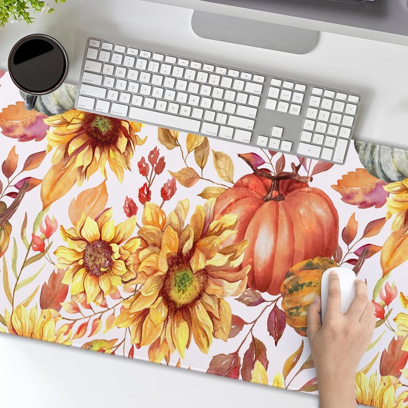 aportt Fall Pumpkin Sunflowers Mouse Pad XXL Watercolor Retro Autumn Leaves Floral Extended Desk Mat Non-Slip Rubber Base Stitched Edge Large Thanksgiving Mousepad for Gaming Laptop Computer 35.4×15.7 Inch - Image 5