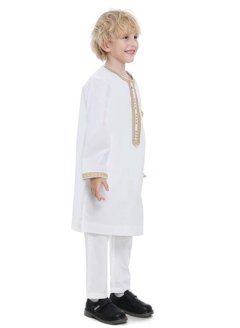 إسكدنيا Boy's Muslim Clothing Kaftan Set Middle East Youth Embroidered Robe Suit Round Neck Islamic Dress Arabic Wear White  - Image 2