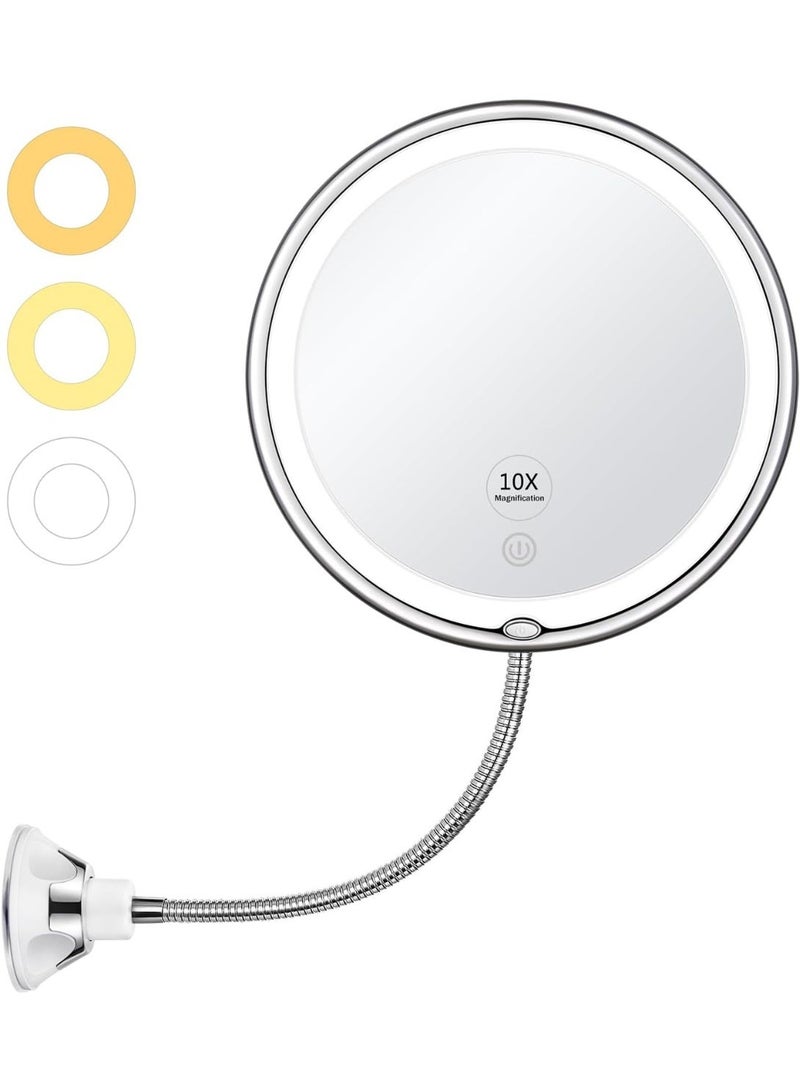 Lighted Makeup Mirror, 10X Magnifying Makeup Mirror with Suction Cups, Upgraded 3 Colors & Dimming Lights, 360° Swivel Flexible Mirror, Magnifying Travel Vanity Mirror for Bathroom Shaving - Image 1