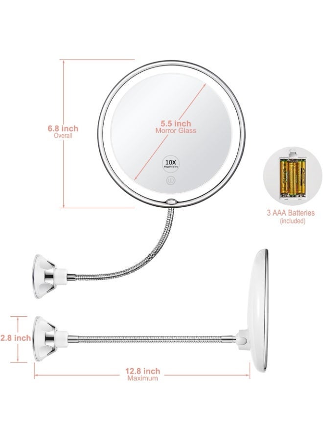 Lighted Makeup Mirror, 10X Magnifying Makeup Mirror with Suction Cups, Upgraded 3 Colors & Dimming Lights, 360° Swivel Flexible Mirror, Magnifying Travel Vanity Mirror for Bathroom Shaving - Image 2