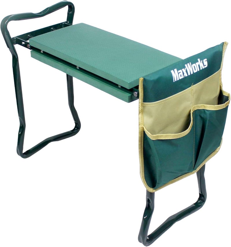 MaxWorks 50921 Folding Garden Kneeler Stool with 8 inch Wide Kneeling Pad with 1 Tools Pouch for Planting and Gardening - Image 1