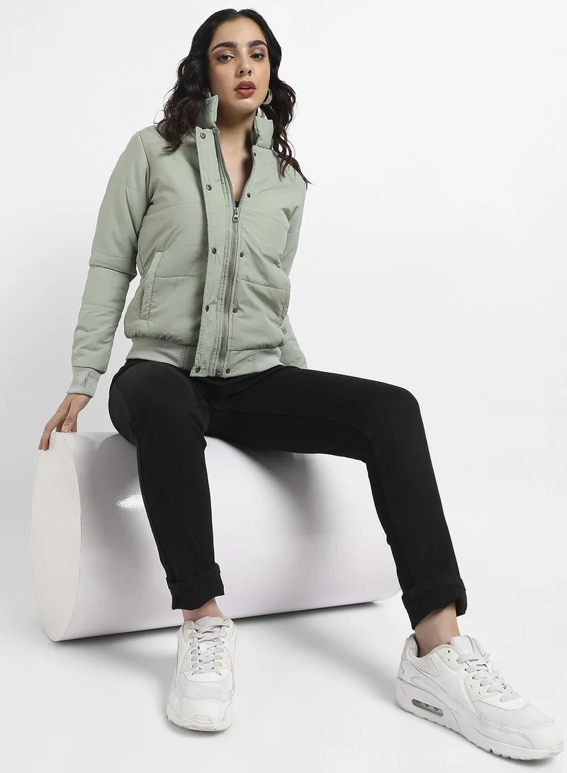 Campus Sutra Women's Sage Green Puffer Jacket With Ribbed Hem For Casual Wear | High Neck  | Long Sleeve | Zipper Closure | Jacket Crafted With Comfort Fit For Everyday Wear
