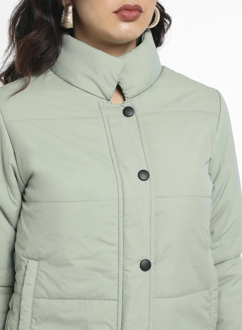 Campus Sutra Women's Sage Green Puffer Jacket With Ribbed Hem For Casual Wear | High Neck  | Long Sleeve | Zipper Closure | Jacket Crafted With Comfort Fit For Everyday Wear