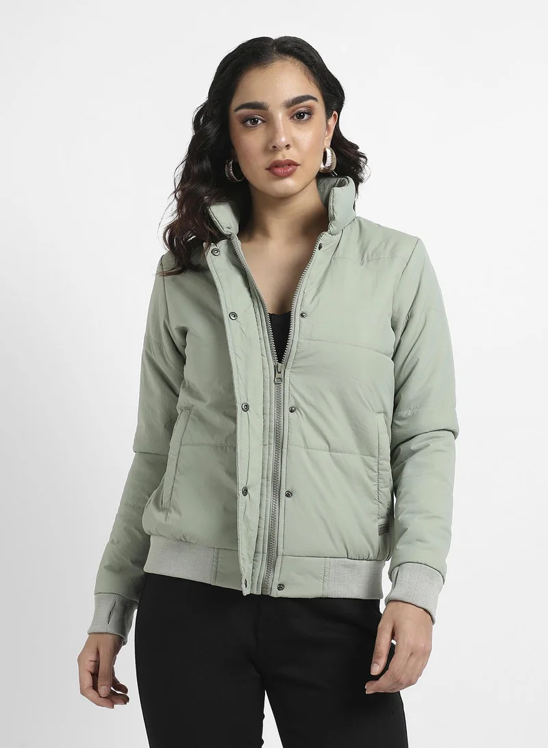 Campus Sutra Women's Sage Green Puffer Jacket With Ribbed Hem For Casual Wear | High Neck  | Long Sleeve | Zipper Closure | Jacket Crafted With Comfort Fit For Everyday Wear