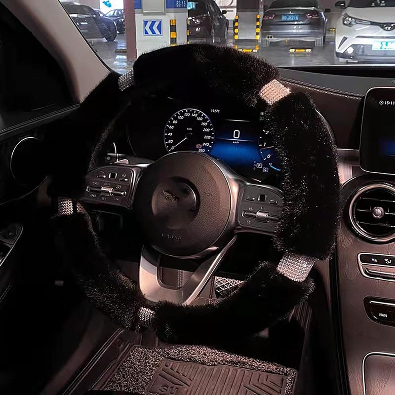klarako Plush Car Steering Wheel Cover Faux Wool Fluffy Steering Wheel Covers, Winter Warm Vehicle Steering Wheel Protector, Universal Thickening Warm Steering Wheel Cover Auto Interior (Black) - Image 1