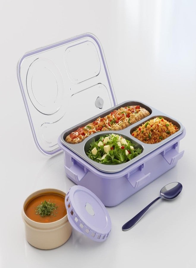 Clazkit Lunch Box 3 Compartment Leak-Proof BPA Free Stainless Steel, Lunch Box for Kids, Lunch Box for School & Office with Spoon -Purple - Image 1