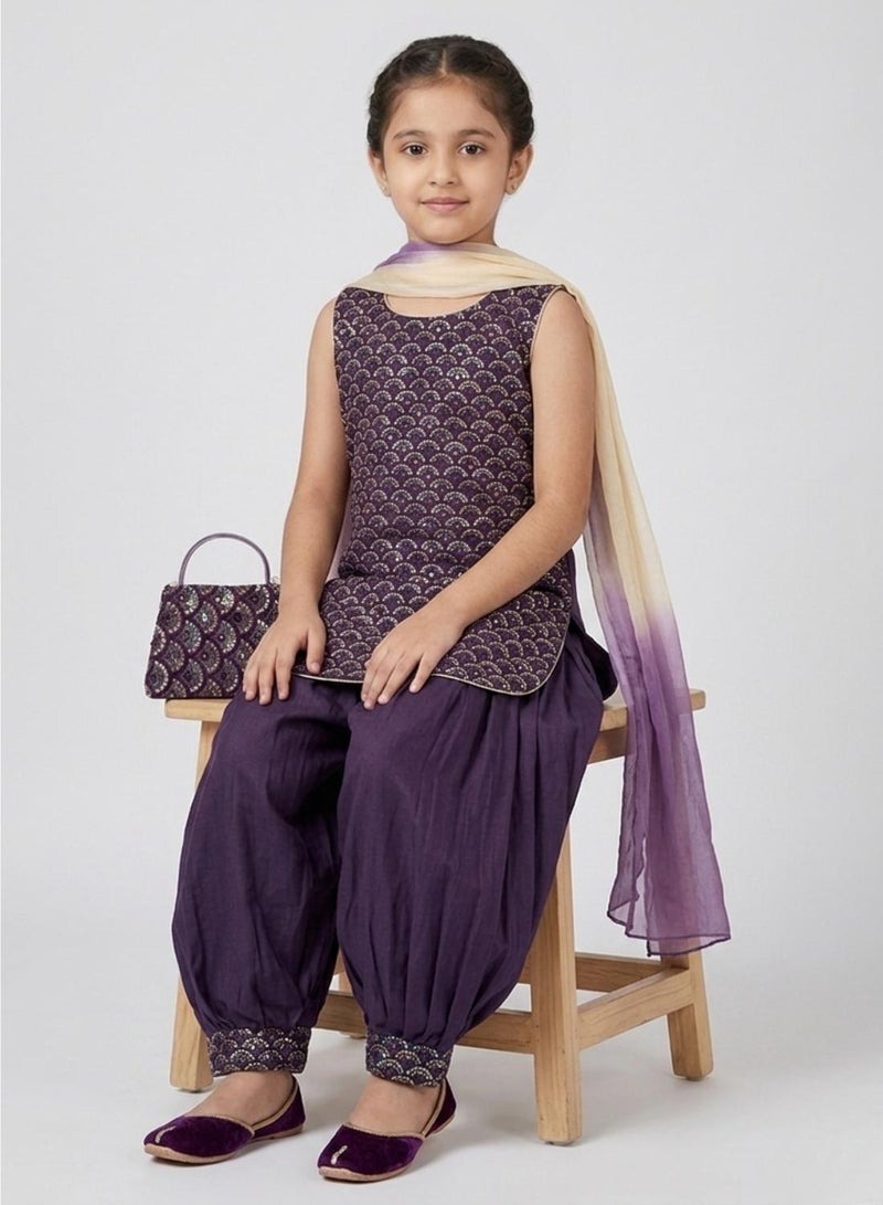babyqlo Girls Purple Embroidered Ethnic Kurta Set - Image 3