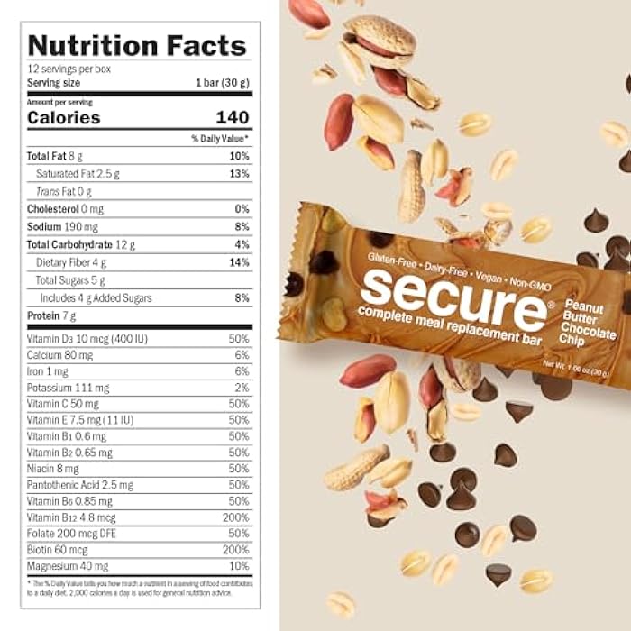 ANDREW LESSMAN Secure Complete Meal Replacement Bars - Peanut Butter Chocolate Chip - 12 ct box - 7g Protein Bars. 11 Vitamins plus Inulin Fiber. Low Calorie. Gluten and Dairy-Free, Vegan, Non-GMO - Image 2