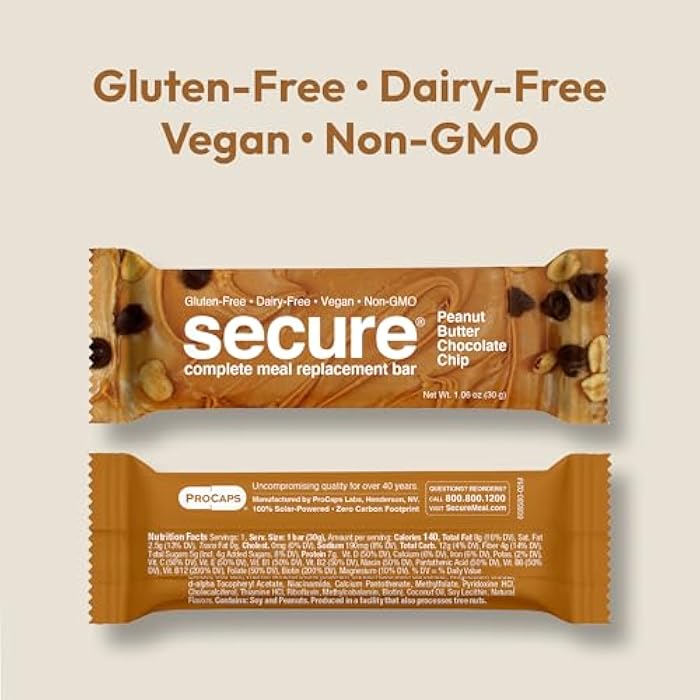 ANDREW LESSMAN Secure Complete Meal Replacement Bars - Peanut Butter Chocolate Chip - 12 ct box - 7g Protein Bars. 11 Vitamins plus Inulin Fiber. Low Calorie. Gluten and Dairy-Free, Vegan, Non-GMO - Image 5