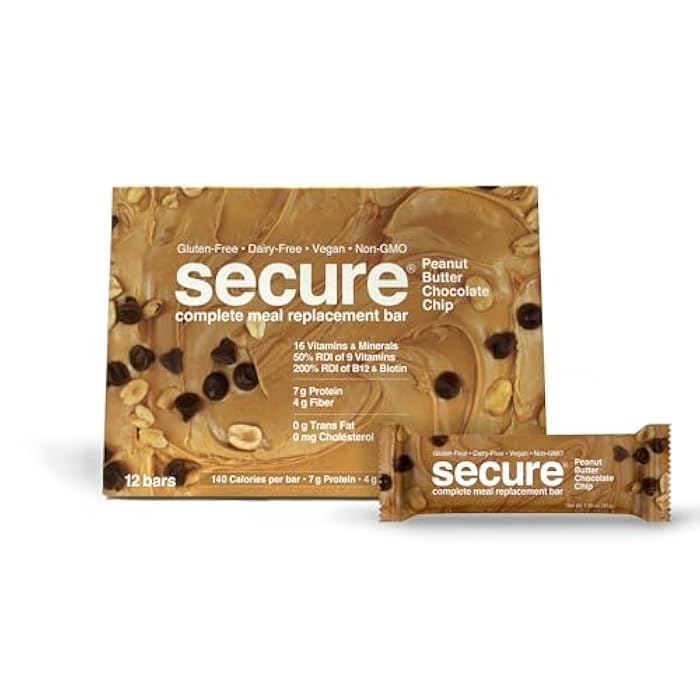 ANDREW LESSMAN Secure Complete Meal Replacement Bars - Peanut Butter Chocolate Chip - 12 ct box - 7g Protein Bars. 11 Vitamins plus Inulin Fiber. Low Calorie. Gluten and Dairy-Free, Vegan, Non-GMO - Image 1
