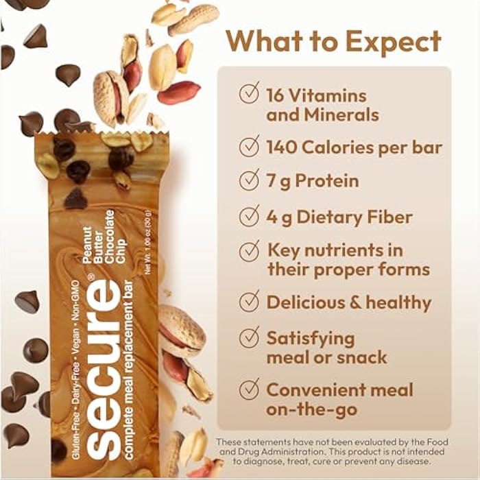 ANDREW LESSMAN Secure Complete Meal Replacement Bars - Peanut Butter Chocolate Chip - 12 ct box - 7g Protein Bars. 11 Vitamins plus Inulin Fiber. Low Calorie. Gluten and Dairy-Free, Vegan, Non-GMO - Image 4