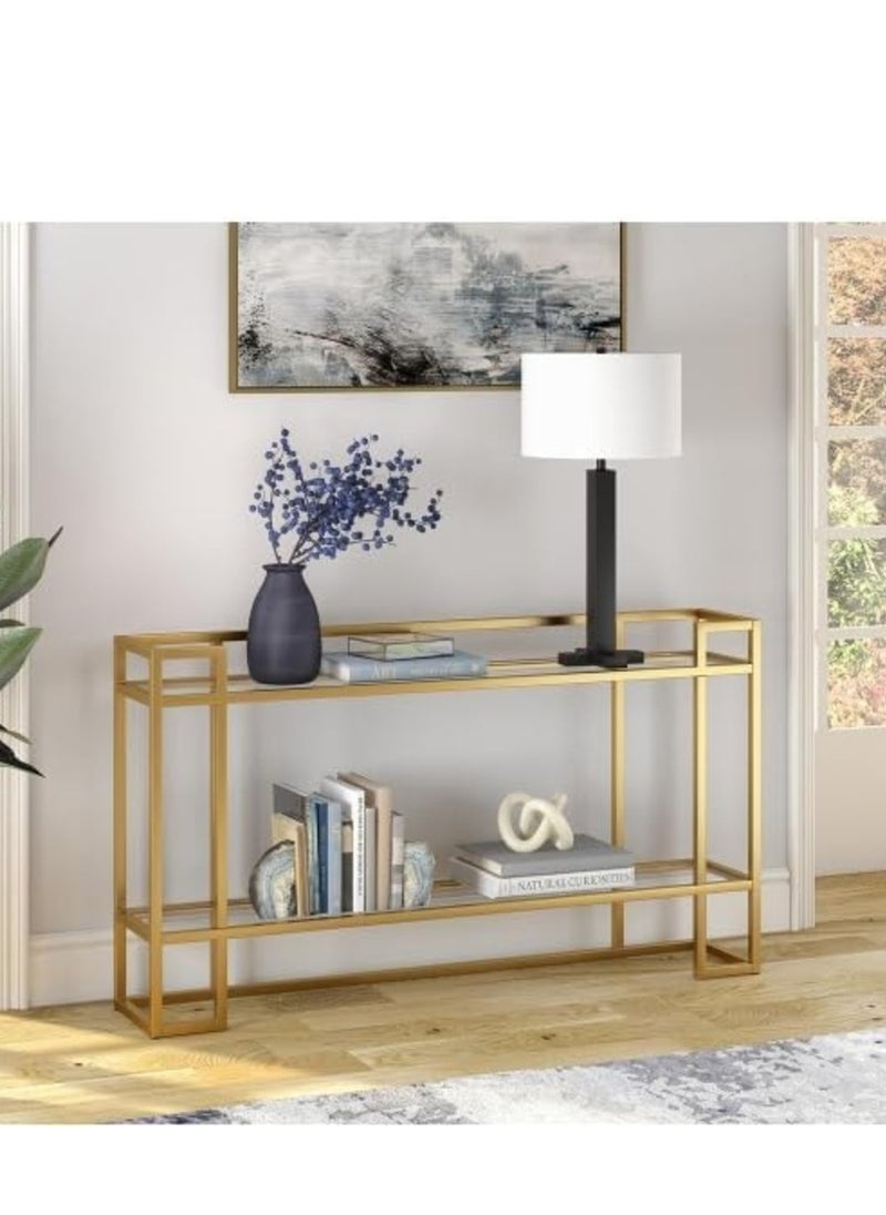 HOME TASTE TOMSUN Glass Console Table with Gold Metal Frame Multi-Functional Side Table for Living Room, Entryway, and Kitchen Elegant Display Stand with Clear Glass Top  - Image 1