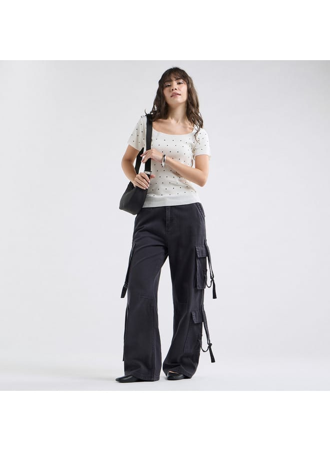 Splash FAV Textured Square Neck T-shirt with Short Sleeves - Image 2