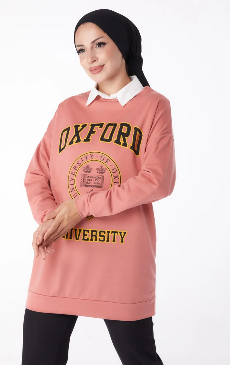Tofisa Plain Crew Neck Women's Pink Printed Sweatshirt - 13281