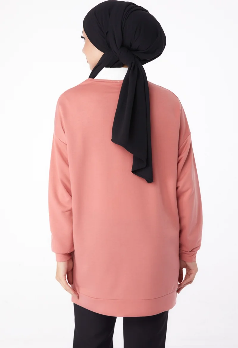 Tofisa Plain Crew Neck Women's Pink Printed Sweatshirt - 13281