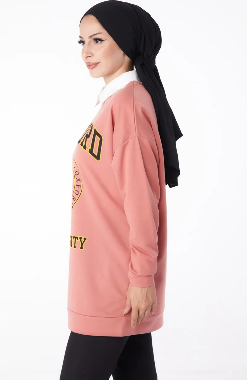 Tofisa Plain Crew Neck Women's Pink Printed Sweatshirt - 13281