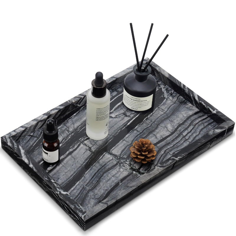 Zilukar Real Natural Marble Tray for Bathroom Vanity Kitchen and Desktop Rectangle Genuine Marble Stone Tray for Jewelry Cosmetics Candles Lotion Perfume Wood Grain 12 x 8 x 12 - Image 2