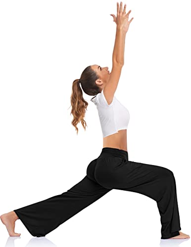 UEU Womens Wide Leg Yoga Pants High Waisted Adjustable Tie Knot Joggers Casual Loose Plus Size Lounge Sweatpants with Pockets (Black, L) - Image 3