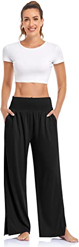UEU Womens Wide Leg Yoga Pants High Waisted Adjustable Tie Knot Joggers Casual Loose Plus Size Lounge Sweatpants with Pockets (Black, L) - Image 2