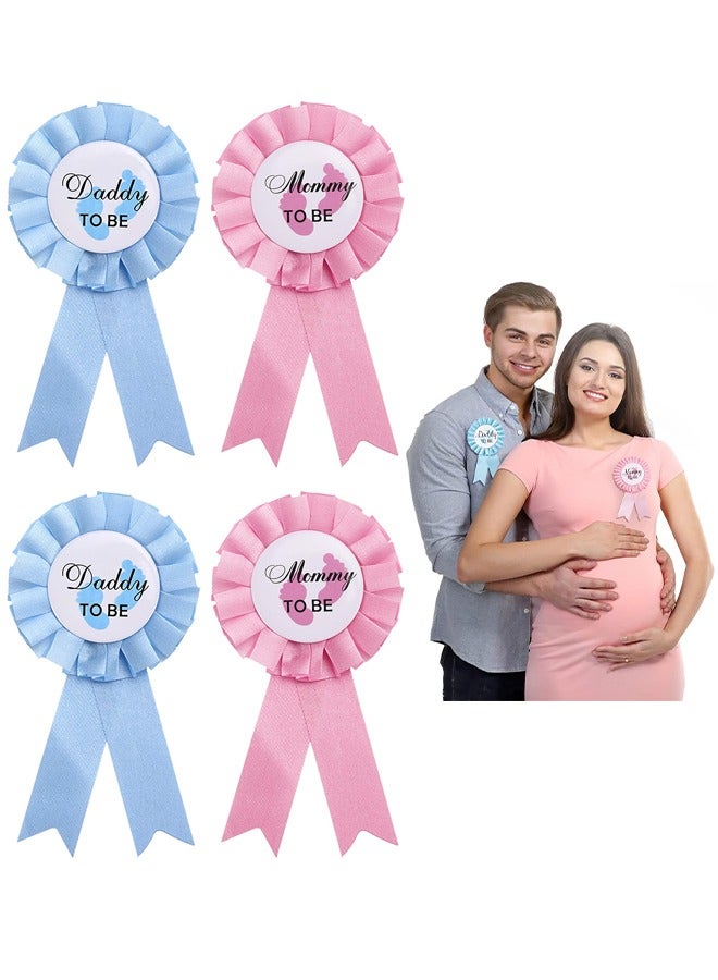 اتش اس الأب والأم ليكون دبوس شارة الصفيح - دبابيس زر الكشف عن - ديكورات دش الطفل الشريط الوردي ، هدايا الأب أمي الجديدة للاحتفال بحفل استحمام الطفل 4 قطع - وردي وأزرق - Image 1
