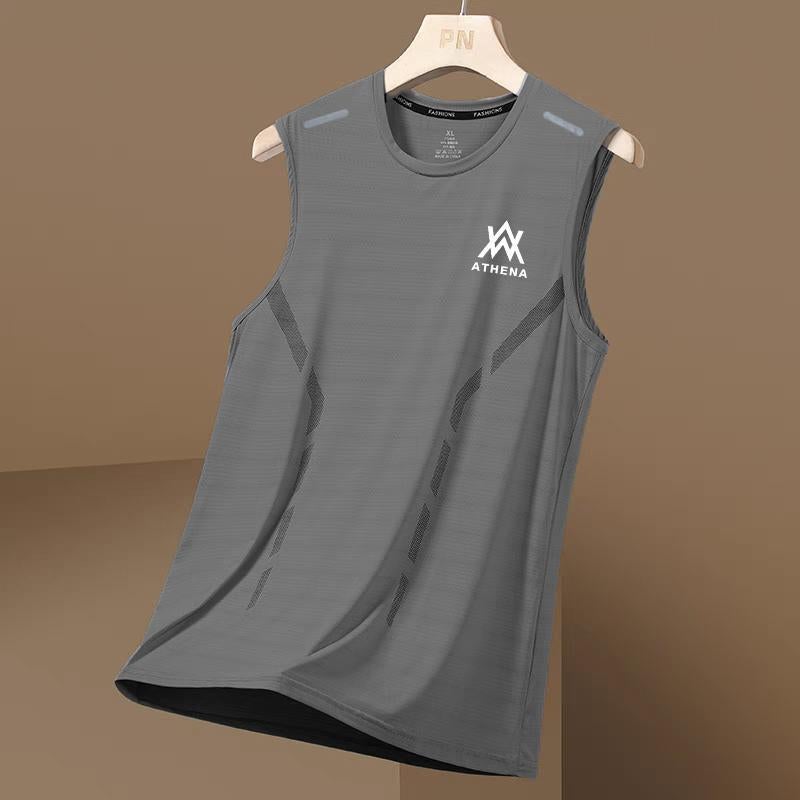 Summer Mens Ice Silk Back Breathable Heart Sports Fitness Base Shirt Wide Shoulder Training Sleeveless T-shirt Shoulder Quick-drying WA gray [vest side rod]] 