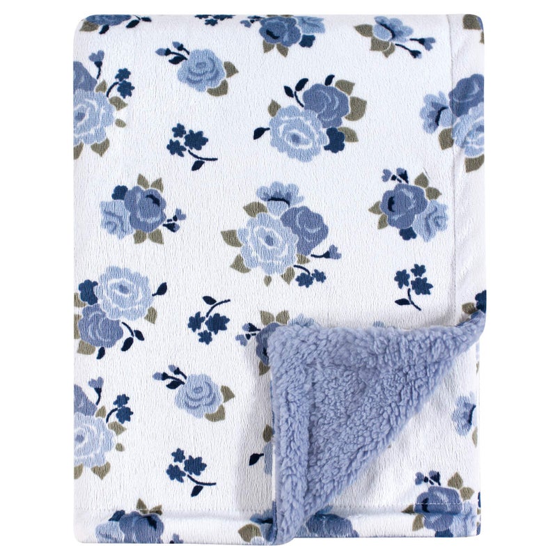 Luvable Friends Unisex Baby Plush Blanket with Sherpa Back, Blue Floral, One Size - Image 1