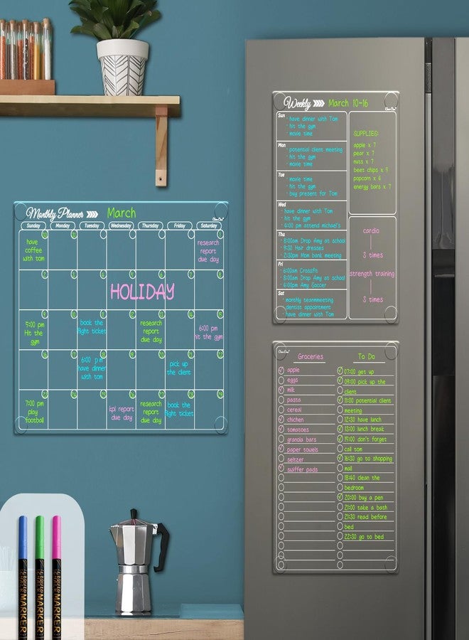 Clever Clean Clear Non-Magnetic Calendar Set for Fridge - Dry Erase Transparent Monthly, Weekly Calendar and List Board - Sticks to Wall, Glass, Door, Any Smooth Surfaces - Image 1