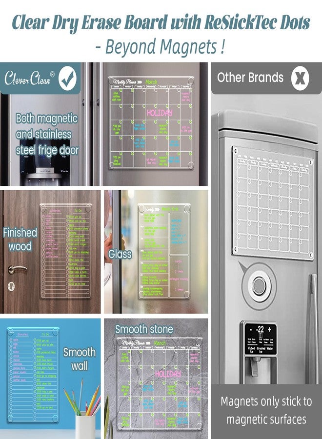 Clever Clean Clear Non-Magnetic Calendar Set for Fridge - Dry Erase Transparent Monthly, Weekly Calendar and List Board - Sticks to Wall, Glass, Door, Any Smooth Surfaces - Image 3