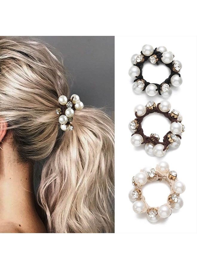 Brinie Hair Ties Black Elastic Hair Scrunchies Pearl Hair Bands Crystal Hair Ropes Hair Accessories for Women and Girls (Pack of 3) - Image 1