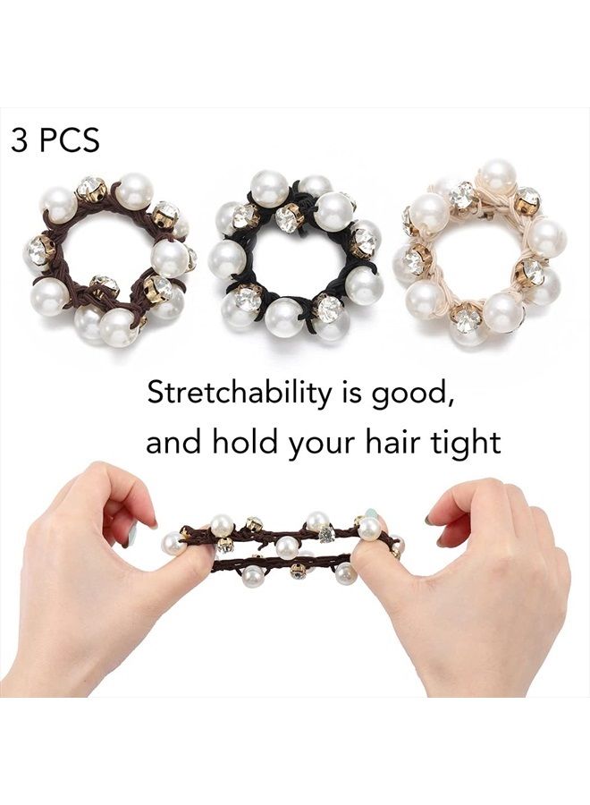 Brinie Hair Ties Black Elastic Hair Scrunchies Pearl Hair Bands Crystal Hair Ropes Hair Accessories for Women and Girls (Pack of 3) - Image 5