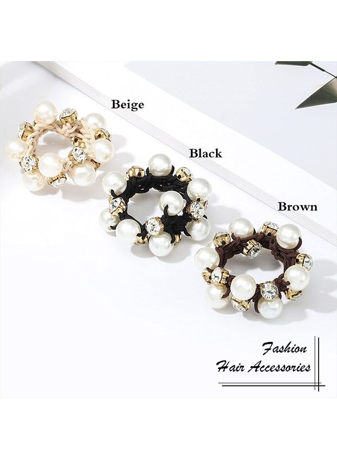 Brinie Hair Ties Black Elastic Hair Scrunchies Pearl Hair Bands Crystal Hair Ropes Hair Accessories for Women and Girls (Pack of 3) - Image 2