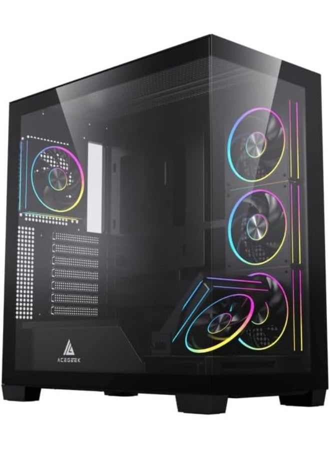أسيجيك‎ علبة كمبيوتر ألعاب Nebula Pro ATX متوسطة الحجم مع لوحة جانبية من الزجاج المقوى، ومراوح RGB مثبتة مسبقًا، وبطاقة رسومات تصل إلى 420 مم، ومبرد معالج مركزي 175 مم، ومشع 360 مم، وقرصي SSD وقرص HDD، ومنافذ USB-C وUSB 3.0 - أسود | AG-NEBULA-PRO-BK