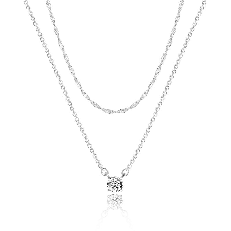 Tewiky Dainty Silver Necklaces for Women, Simple Layered Sterling Silver Plated Cubic Zirconia Pendant Chain Choker Necklaces Fashion Set Jewelry CZ Gifts - Image 1