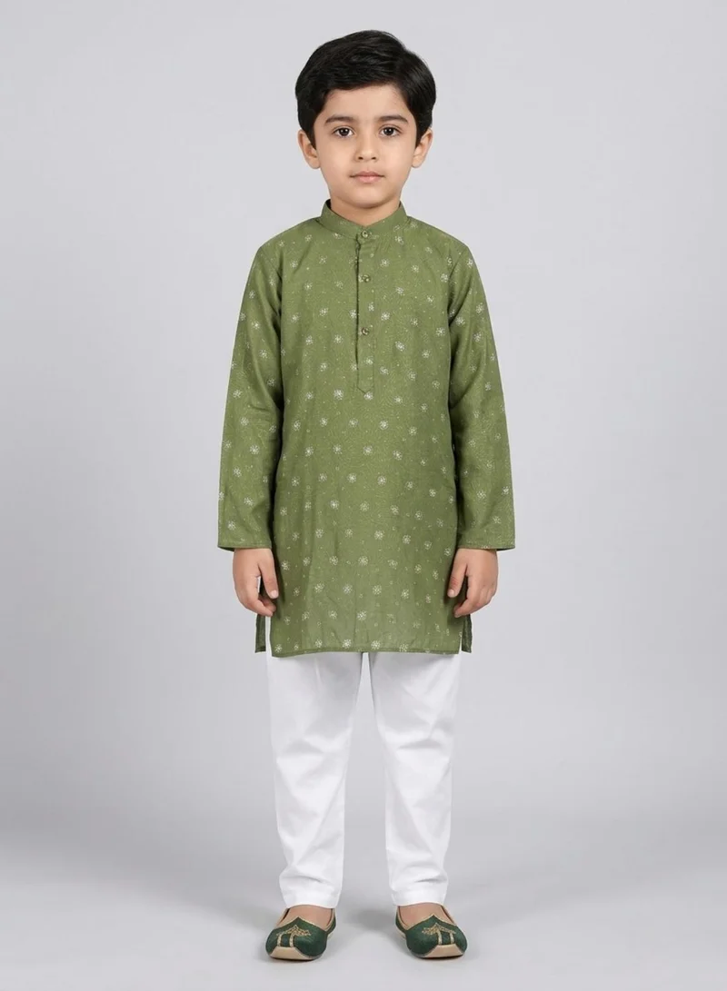 babyqlo Boys Festive Olive Green Printed Kurta Pajama Set