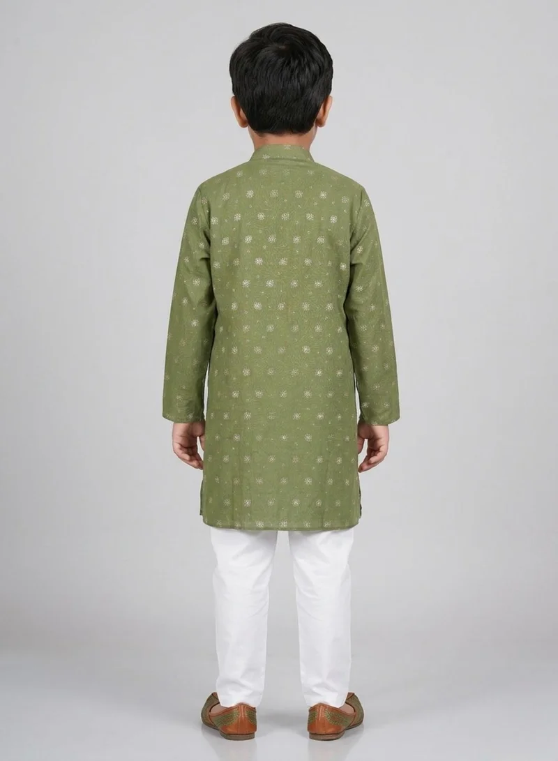 babyqlo Boys Festive Olive Green Printed Kurta Pajama Set
