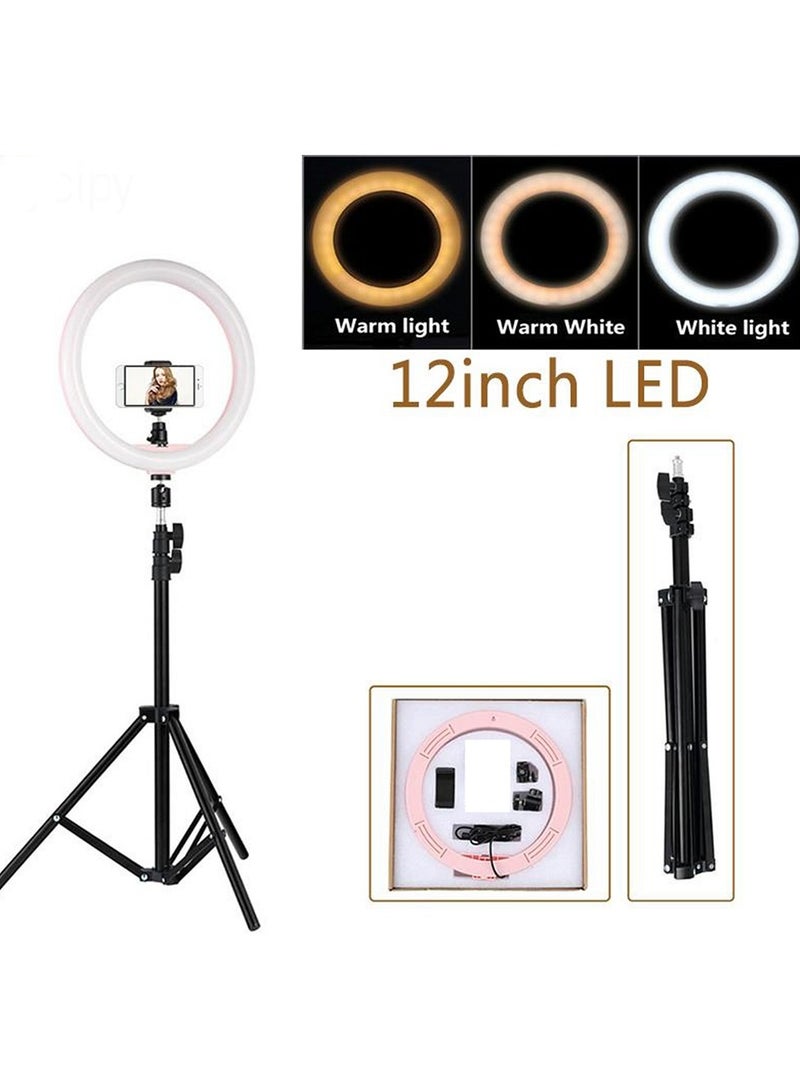 12 inch LED Ring Light With Tripod Stand And Phone Holder Black - Image 1