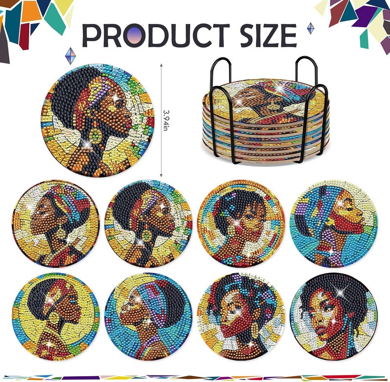 INCOK Black Woman Diamond Painting Coasters - 8 PCS DIY Colorful Glass Diamond Art Coasters Kits for Drinks Coffee Art Craft Supplies Birthday Holiday for African American Adult Beginners - Image 2