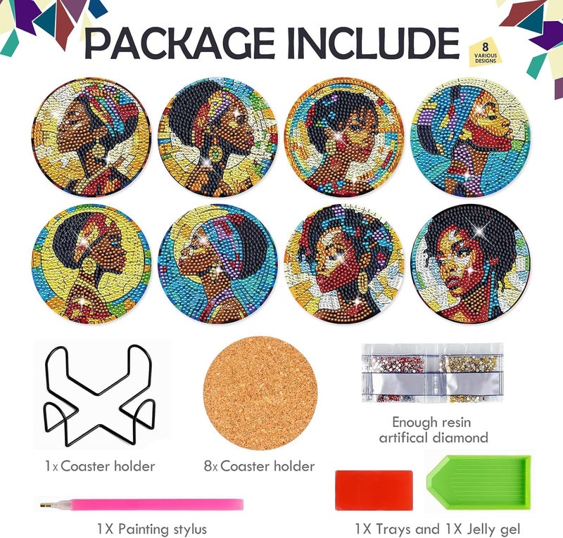 INCOK Black Woman Diamond Painting Coasters - 8 PCS DIY Colorful Glass Diamond Art Coasters Kits for Drinks Coffee Art Craft Supplies Birthday Holiday for African American Adult Beginners - Image 4